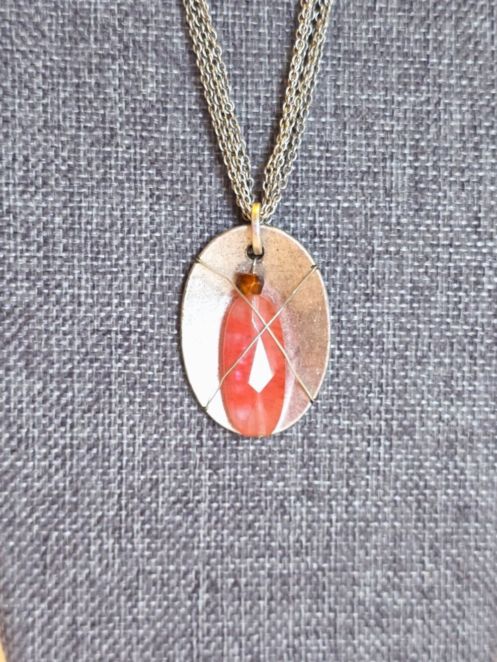 Silver Tone Artisan-Inspired Pink Stone Pendant Layered Necklace 18–21"